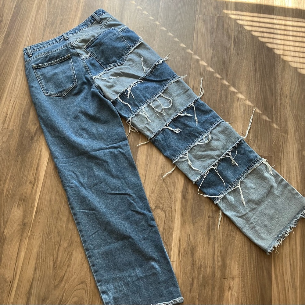 NEW RARE DISTRESSED PATCH COLORBLOCK JEANS - Picture 15 of 15
